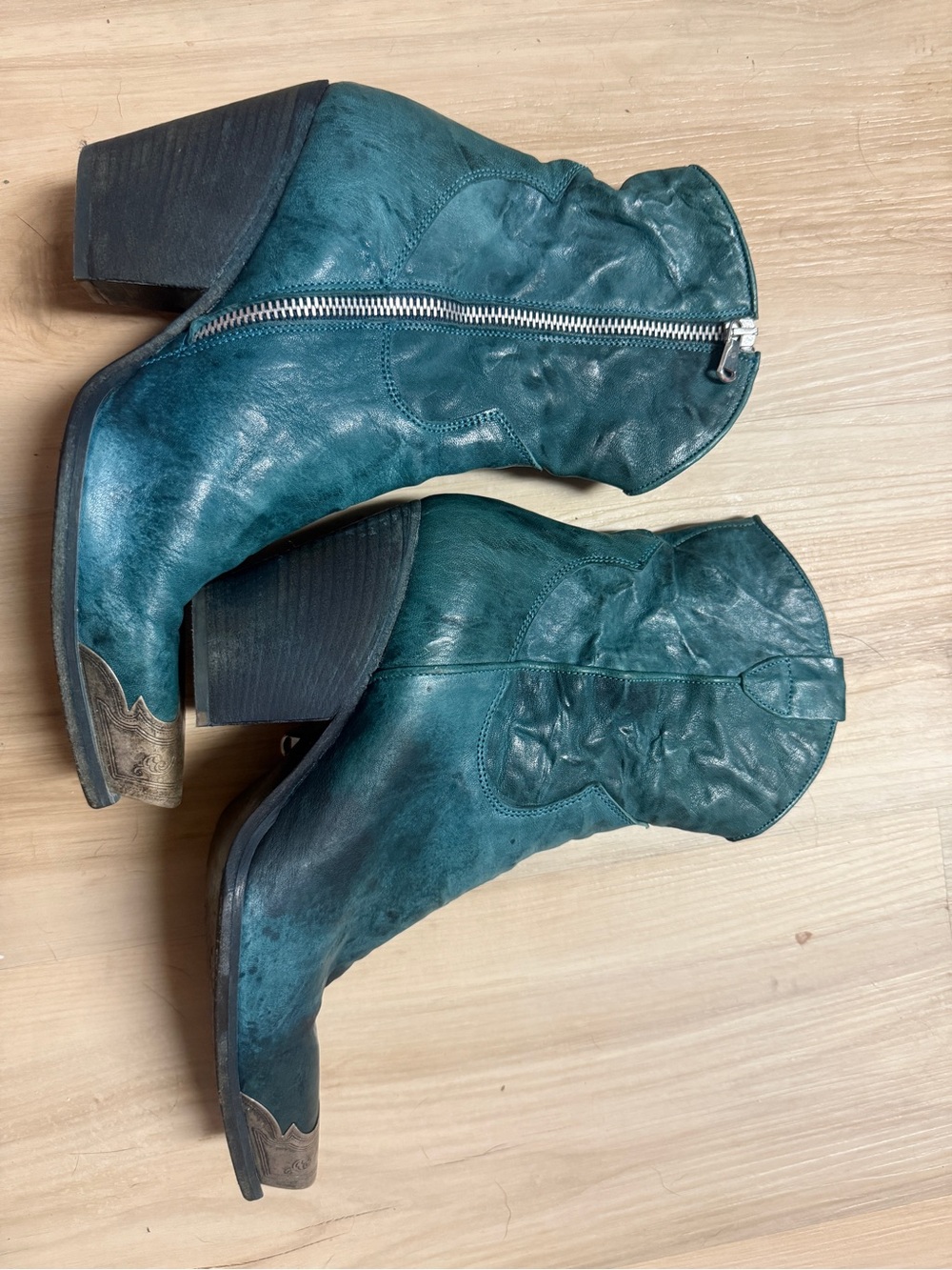 Free People Teal Leather Western Cowboy Boots Made in Italy EU 39